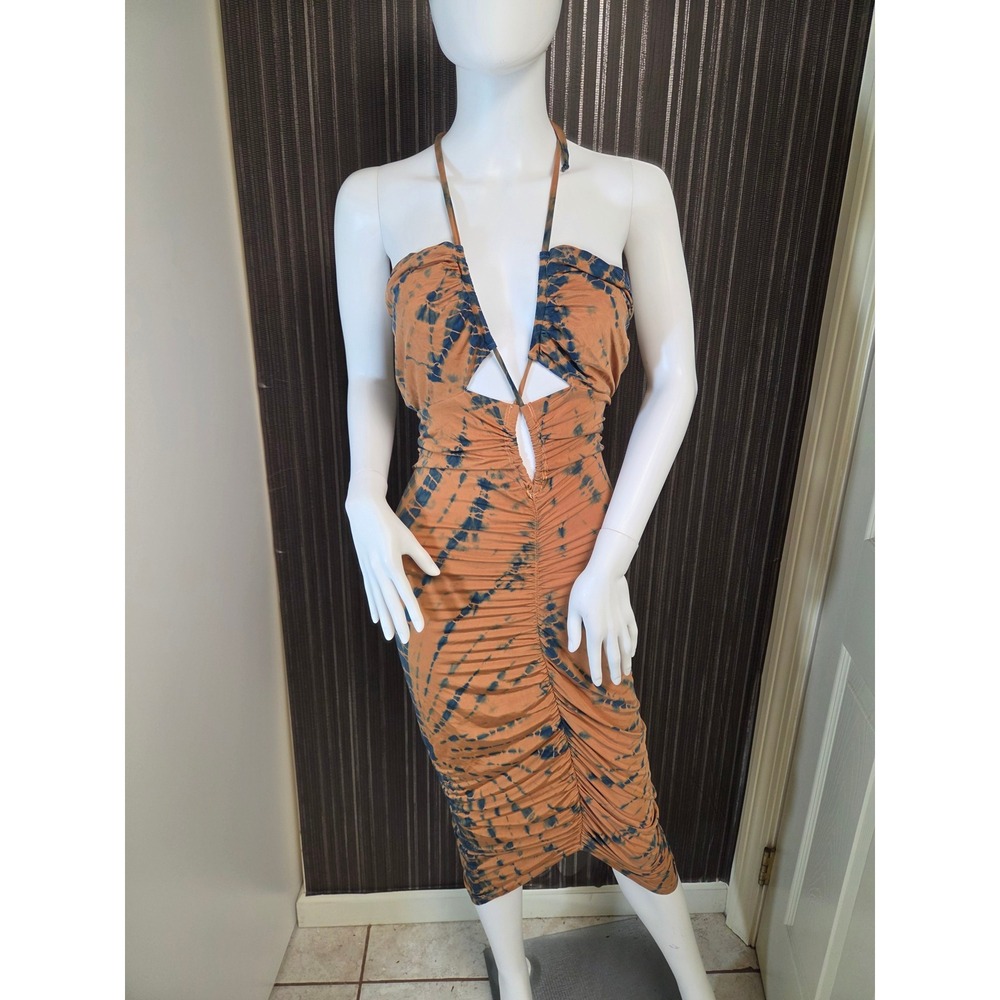YFB Young Fabulous Broke Tie Dye Halter Ruched Cut Out Midi Dress Orange Blue S